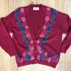 Vintage Women's Floral Knit Cardigan - Pink and Blue - size M Cottagecore